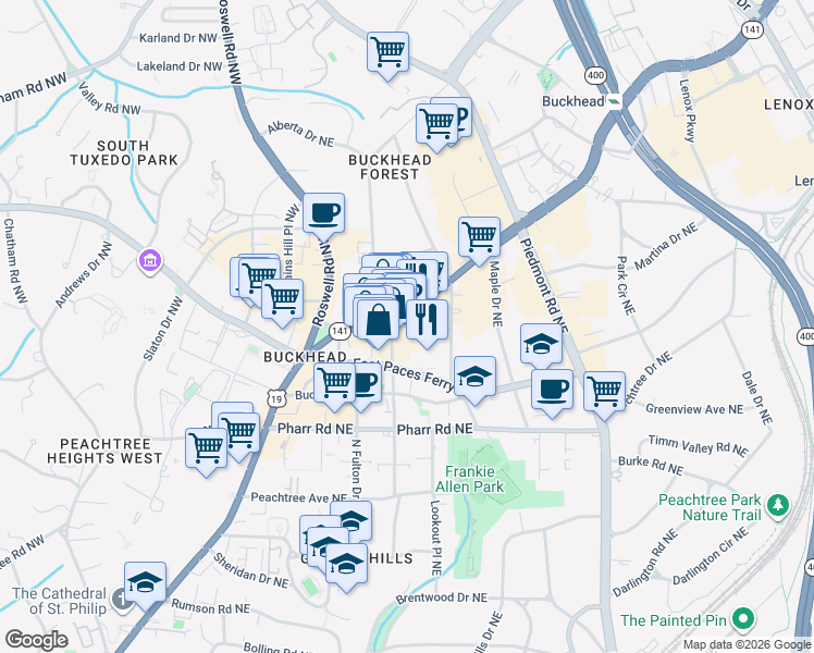 map of restaurants, bars, coffee shops, grocery stores, and more near 3167 Peachtree Road Northeast in Atlanta