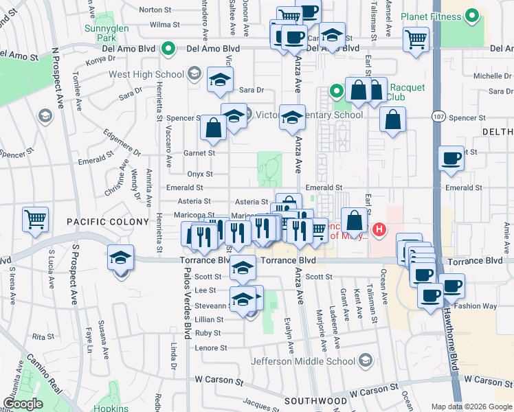 map of restaurants, bars, coffee shops, grocery stores, and more near 4814 Asteria Street in Torrance