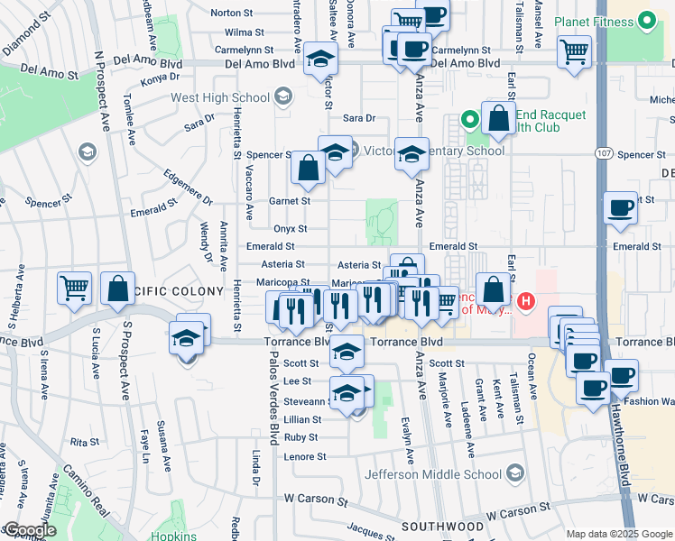 map of restaurants, bars, coffee shops, grocery stores, and more near 4927 Maricopa Street in Torrance