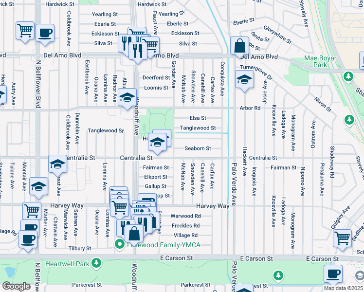 map of restaurants, bars, coffee shops, grocery stores, and more near 6119 Seaborn Street in Lakewood