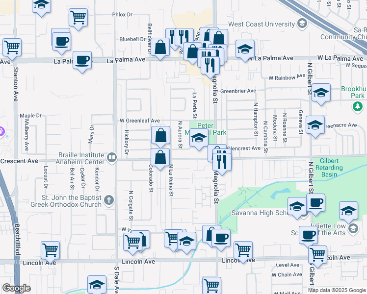 map of restaurants, bars, coffee shops, grocery stores, and more near 700 North Aurora Street in Anaheim