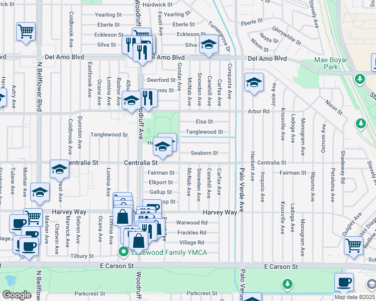 map of restaurants, bars, coffee shops, grocery stores, and more near 6119 Seaborn Street in Lakewood