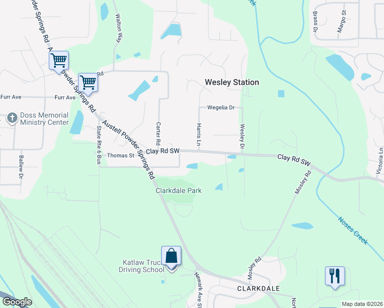 map of restaurants, bars, coffee shops, grocery stores, and more near 4691 Bo Hendrick Drive in Austell