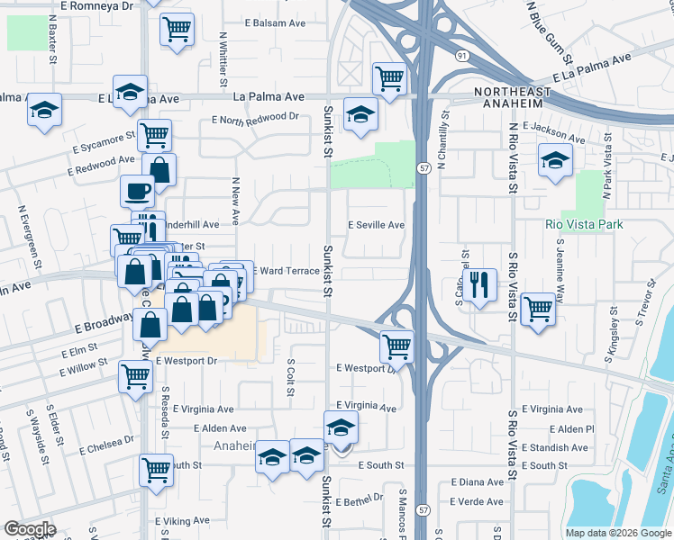 map of restaurants, bars, coffee shops, grocery stores, and more near 120 South Sunkist Street in Anaheim