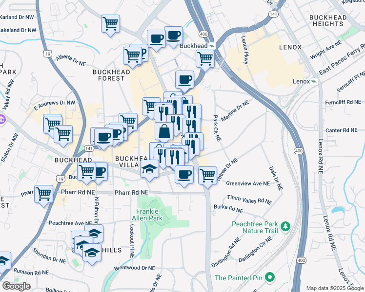 map of restaurants, bars, coffee shops, grocery stores, and more near 3098 Piedmont Road Northeast in Atlanta