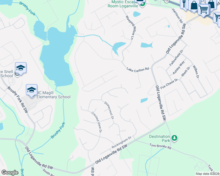 map of restaurants, bars, coffee shops, grocery stores, and more near 645 Stonecrest Drive in Loganville