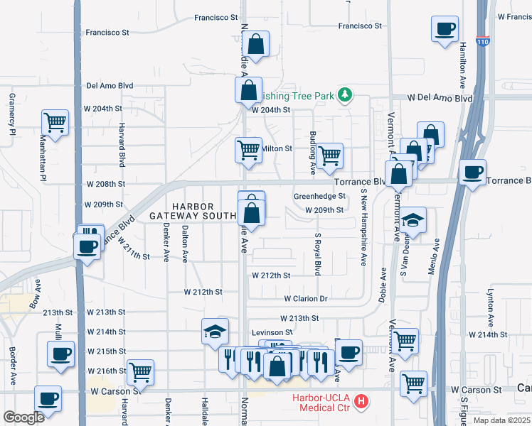 map of restaurants, bars, coffee shops, grocery stores, and more near 20850 Normandie Avenue in Torrance