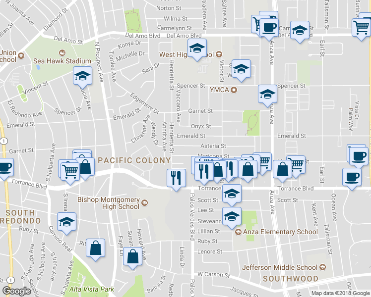 map of restaurants, bars, coffee shops, grocery stores, and more near 5232 Asteria Street in Torrance