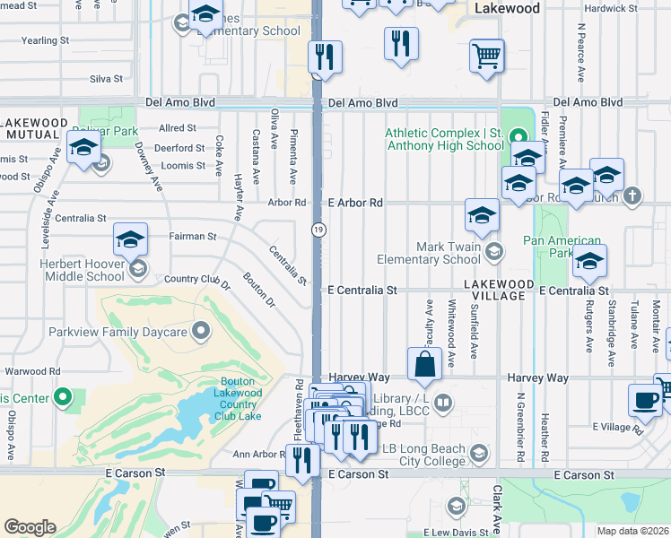 map of restaurants, bars, coffee shops, grocery stores, and more near 4529 Pepperwood Avenue in Long Beach
