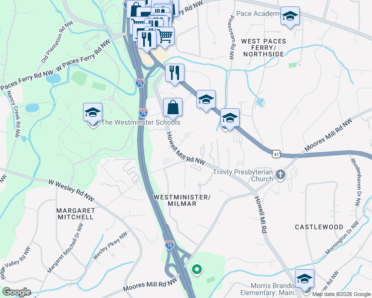 map of restaurants, bars, coffee shops, grocery stores, and more near 3101 Howell Mill Road Northwest in Atlanta