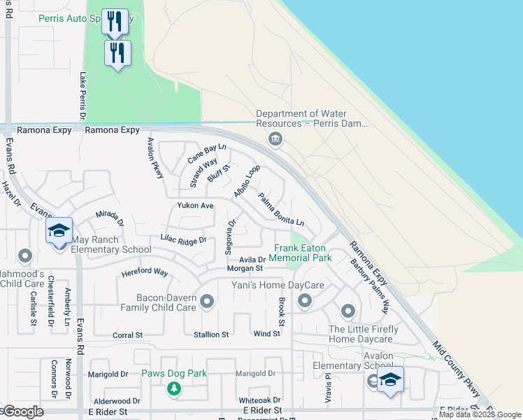 map of restaurants, bars, coffee shops, grocery stores, and more near 1428 Alta Palma Road in Perris