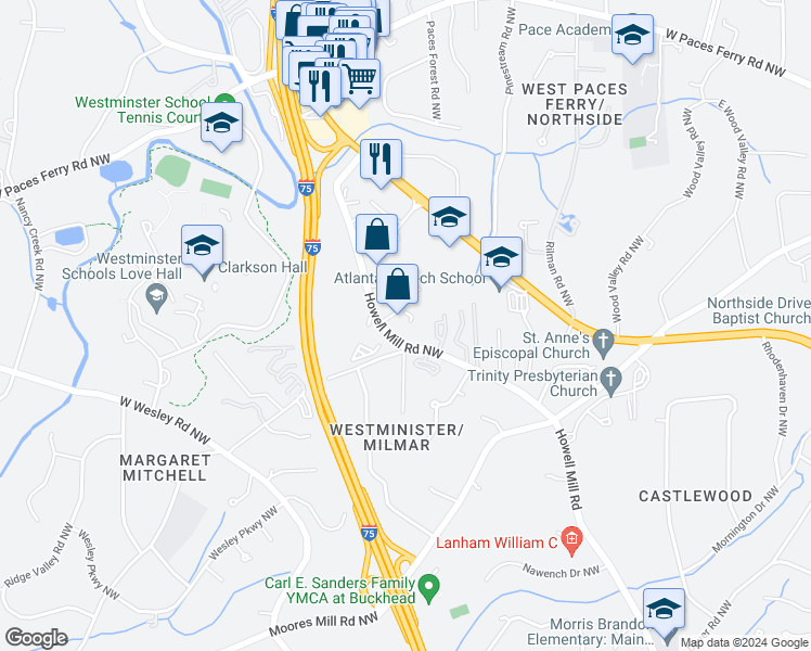 map of restaurants, bars, coffee shops, grocery stores, and more near 3101 Howell Mill Road Northwest in Atlanta