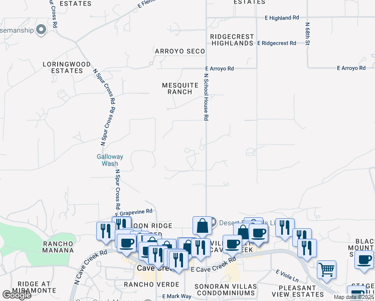 map of restaurants, bars, coffee shops, grocery stores, and more near 39042 North School House Road in Cave Creek