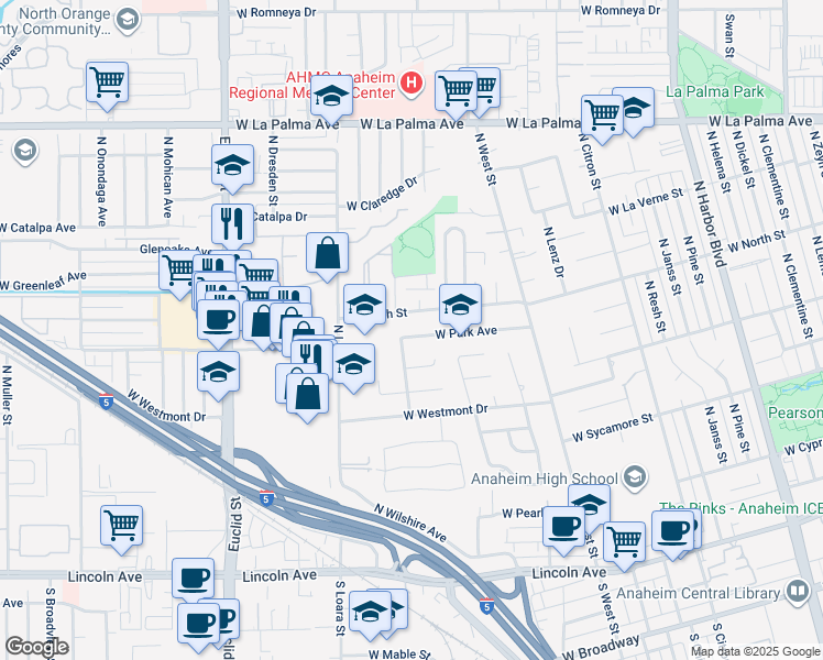 map of restaurants, bars, coffee shops, grocery stores, and more near 1444 West Park Avenue in Anaheim