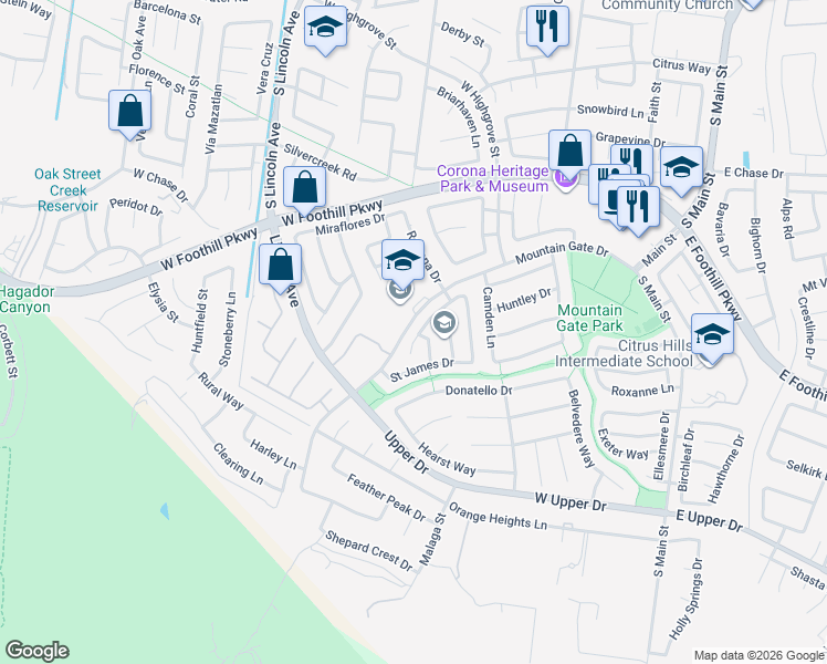 map of restaurants, bars, coffee shops, grocery stores, and more near 300 Atlantic Circle in Corona