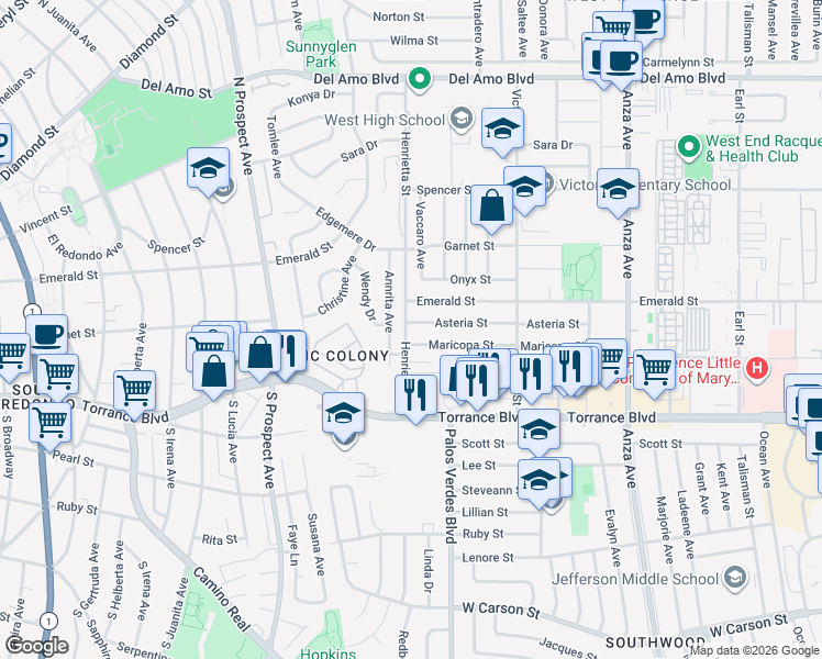 map of restaurants, bars, coffee shops, grocery stores, and more near 20910 Henrietta Street in Torrance