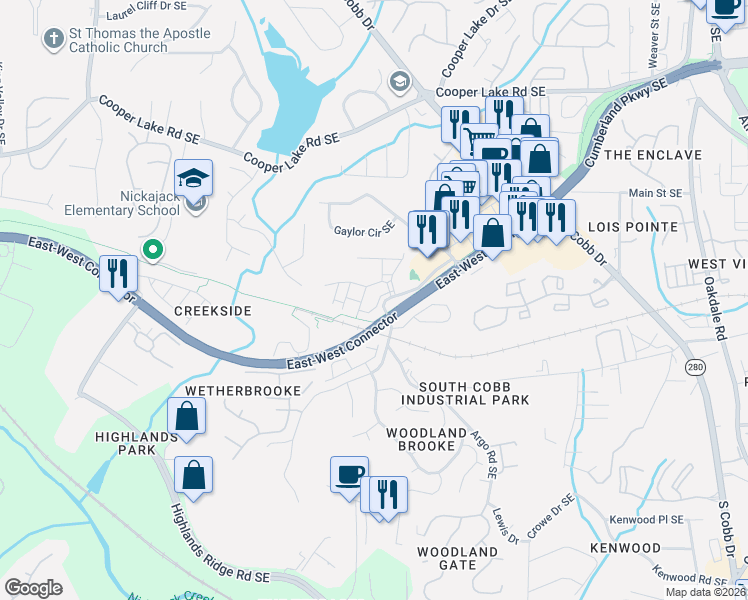 map of restaurants, bars, coffee shops, grocery stores, and more near 4732 Wehunt Trail in Smyrna