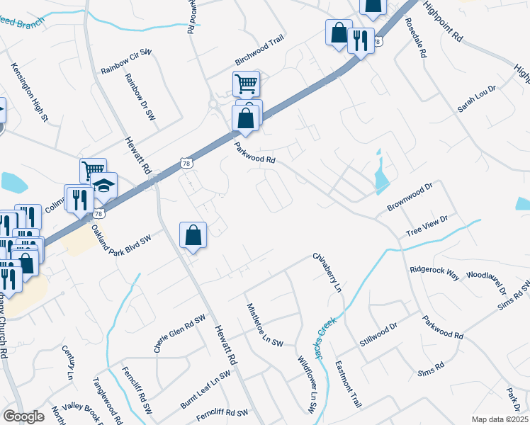 map of restaurants, bars, coffee shops, grocery stores, and more near 2536 Tullamore Circle in Snellville