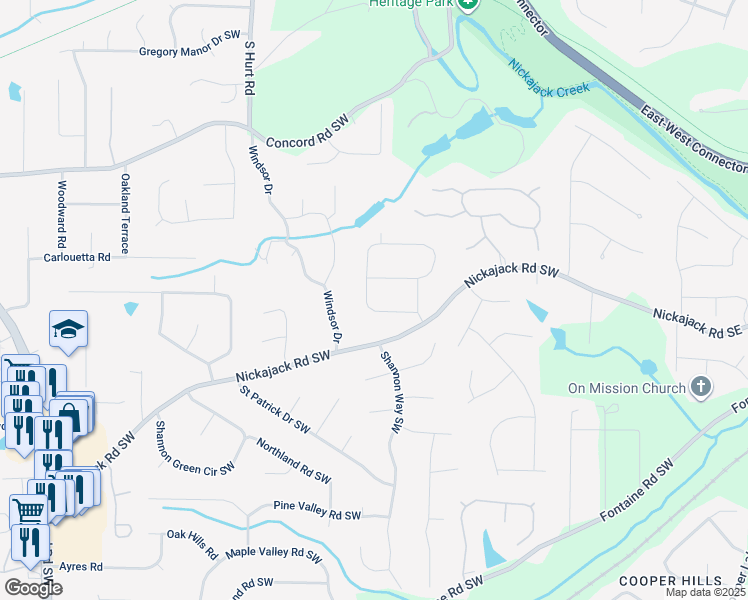 map of restaurants, bars, coffee shops, grocery stores, and more near 4860 Timberland Drive in Mableton