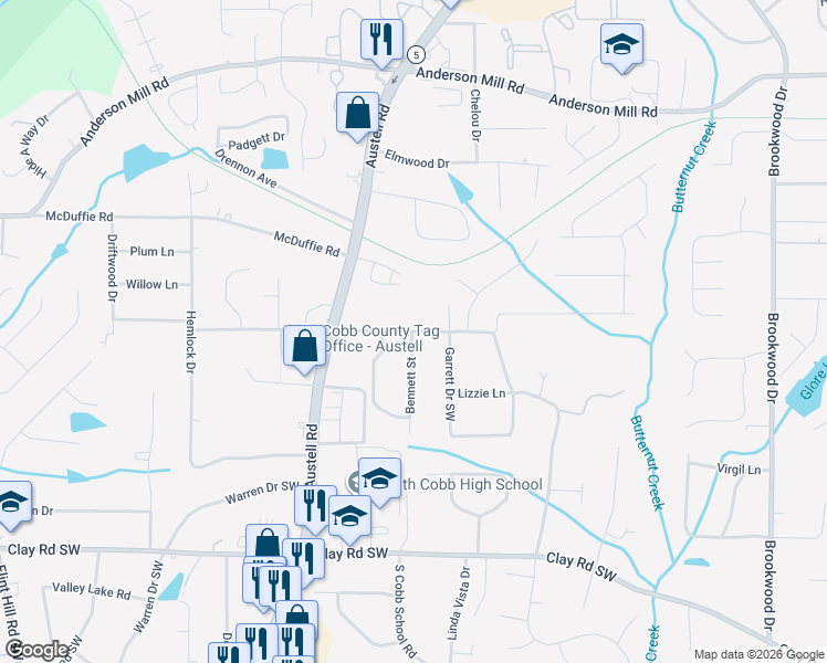 map of restaurants, bars, coffee shops, grocery stores, and more near 1813 Seayes Road Southwest in Austell