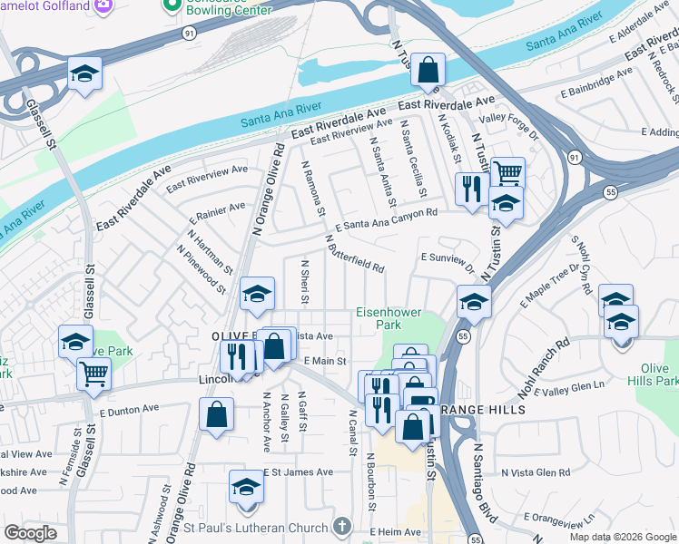 map of restaurants, bars, coffee shops, grocery stores, and more near 3032 North Oceanview Street in Orange