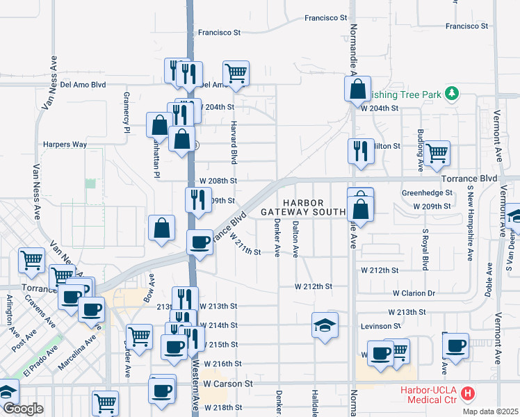 map of restaurants, bars, coffee shops, grocery stores, and more near 1540 Torrance Boulevard in Torrance