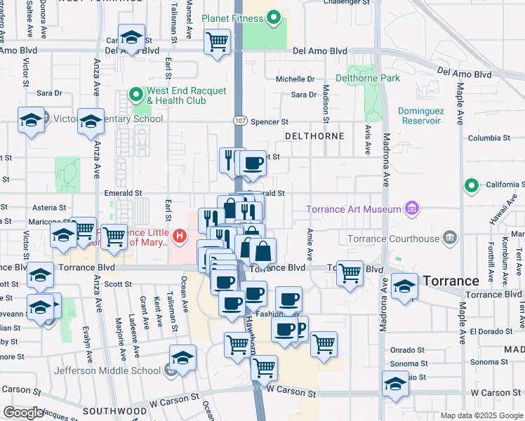 map of restaurants, bars, coffee shops, grocery stores, and more near 3720 Emerald Street in Torrance