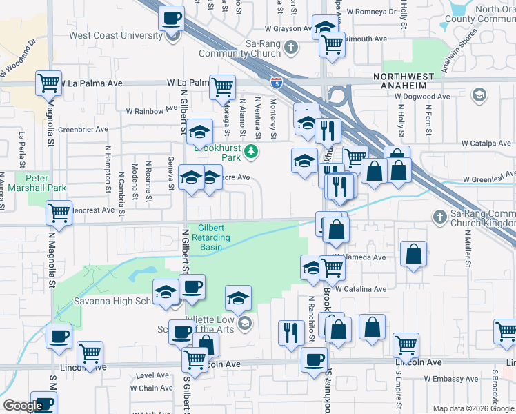 map of restaurants, bars, coffee shops, grocery stores, and more near 615 North Ventura Street in Anaheim