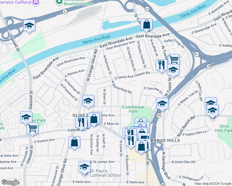 map of restaurants, bars, coffee shops, grocery stores, and more near 3032 North Oceanview Street in Orange