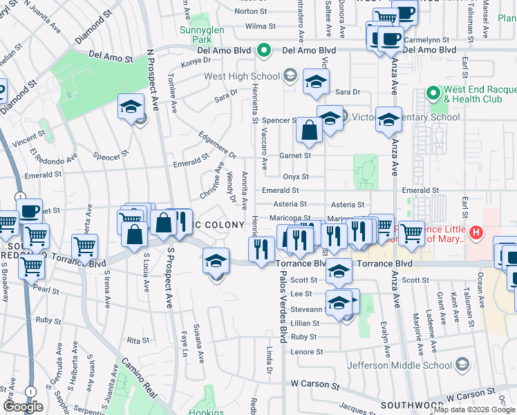 map of restaurants, bars, coffee shops, grocery stores, and more near 20832 Henrietta Street in Torrance