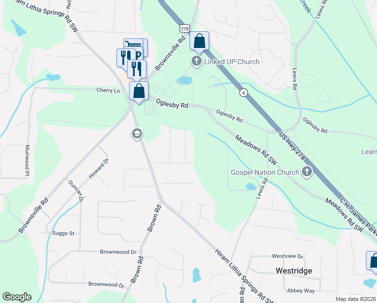 map of restaurants, bars, coffee shops, grocery stores, and more near 4701 Seward Road in Powder Springs