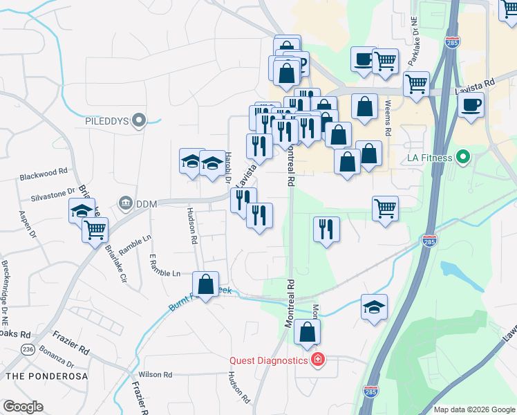map of restaurants, bars, coffee shops, grocery stores, and more near 3825 Lavista Road in Tucker