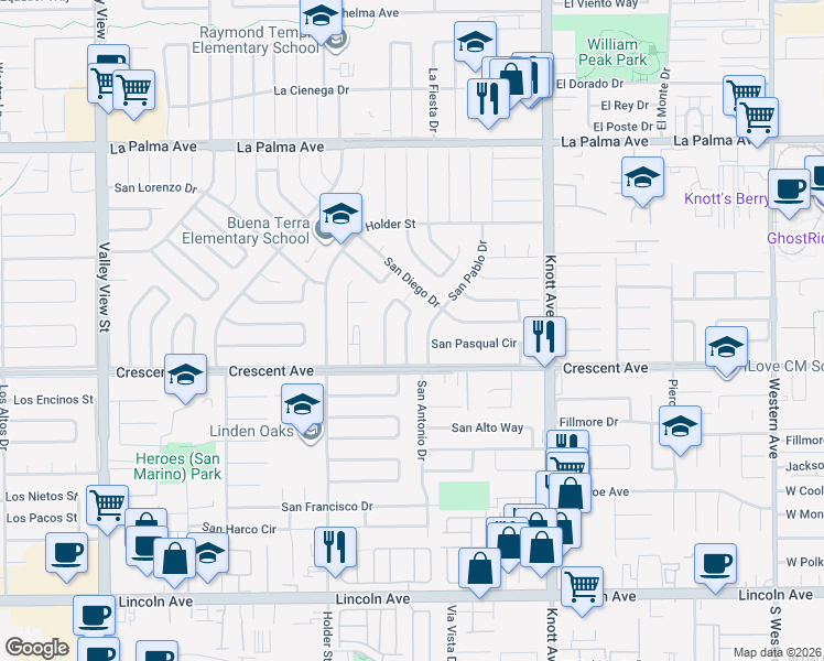 map of restaurants, bars, coffee shops, grocery stores, and more near 8399 San Capistrano Way in Buena Park
