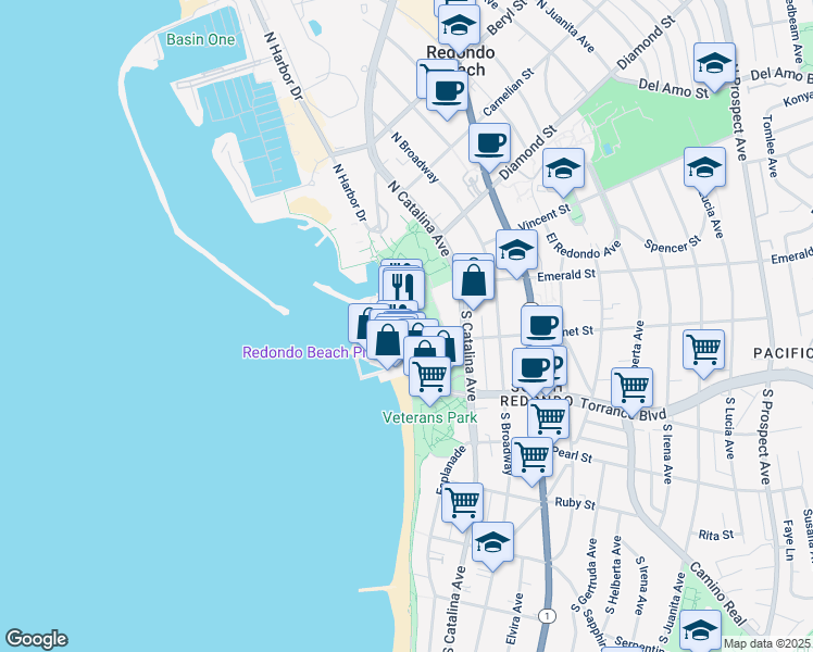 map of restaurants, bars, coffee shops, grocery stores, and more near 109 West Torrance Boulevard in Redondo Beach