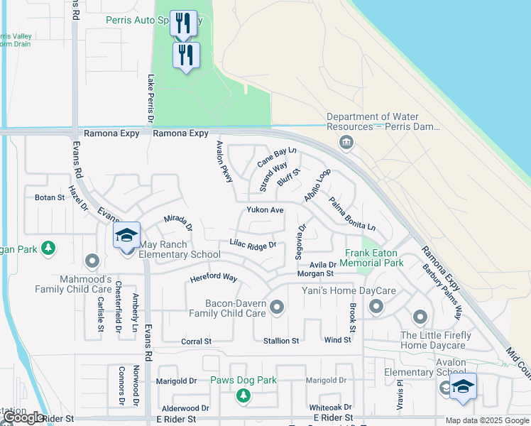 map of restaurants, bars, coffee shops, grocery stores, and more near 1323 Yukon Avenue in Perris