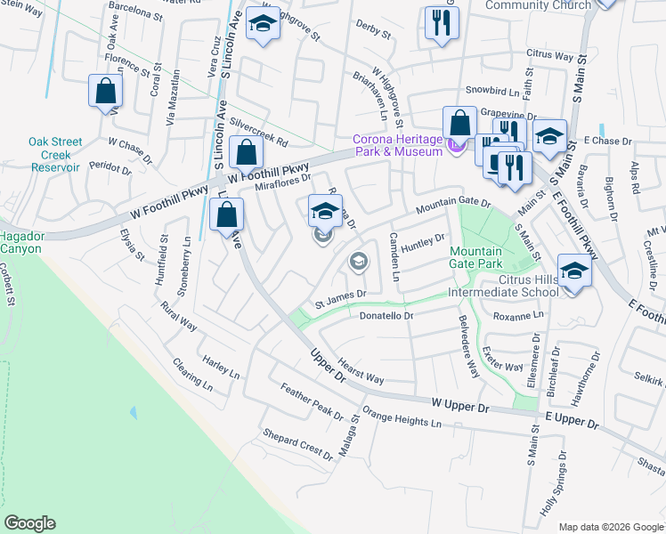 map of restaurants, bars, coffee shops, grocery stores, and more near 300 Atlantic Circle in Corona