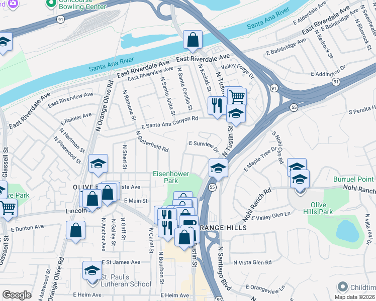 map of restaurants, bars, coffee shops, grocery stores, and more near 3055 North Westhaven Street in Orange