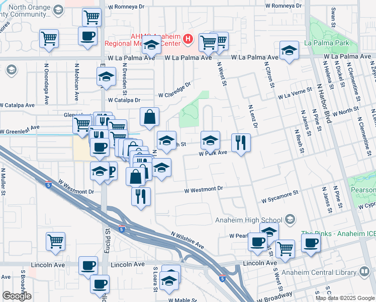 map of restaurants, bars, coffee shops, grocery stores, and more near 1444 West Park Avenue in Anaheim