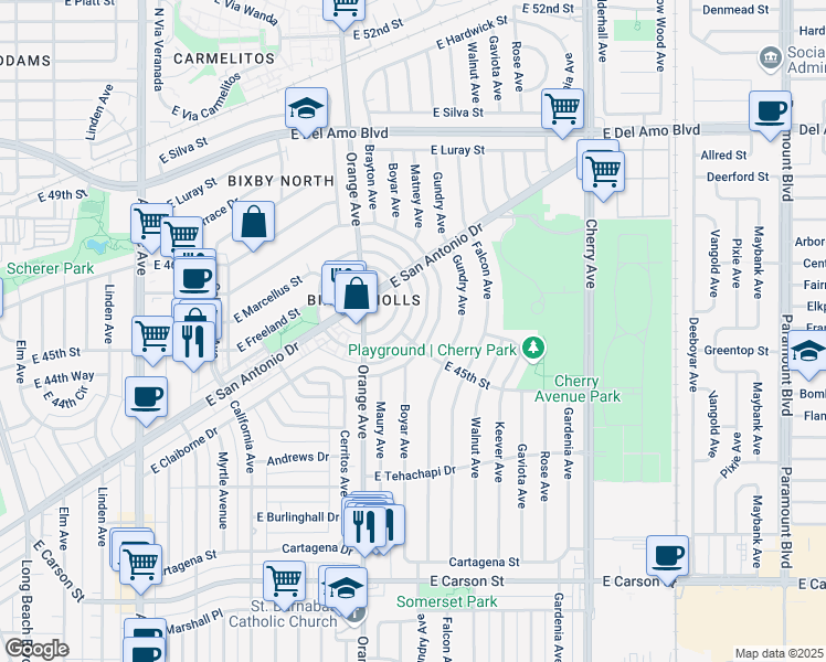 map of restaurants, bars, coffee shops, grocery stores, and more near 4495 East Goldfield Avenue in Long Beach