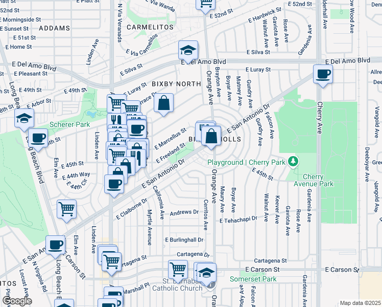 map of restaurants, bars, coffee shops, grocery stores, and more near 1082 East San Antonio Drive in Long Beach