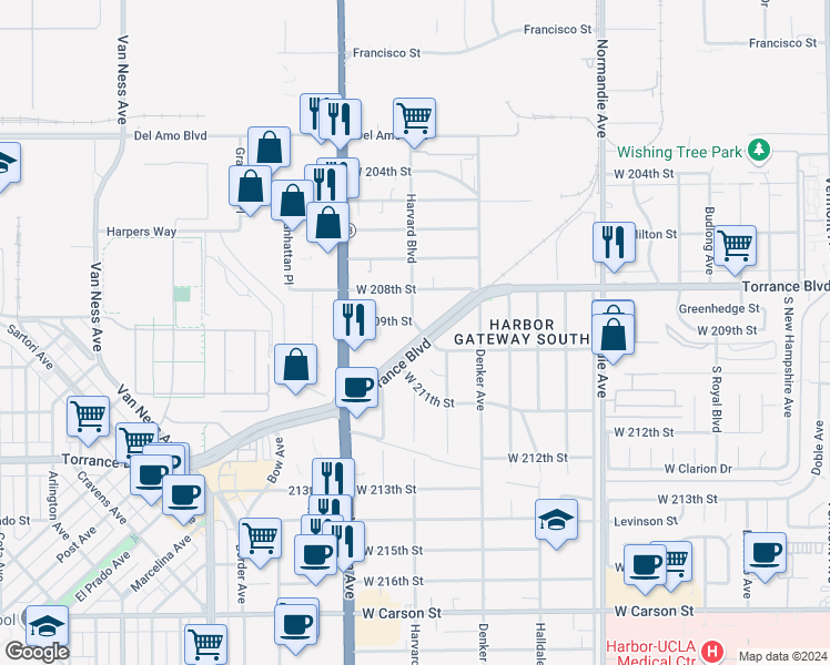 map of restaurants, bars, coffee shops, grocery stores, and more near 1605 Torrance Boulevard in Torrance