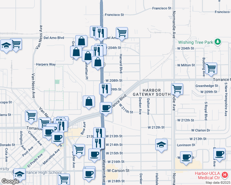 map of restaurants, bars, coffee shops, grocery stores, and more near 1634 West 209th Street in Torrance