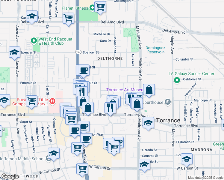 map of restaurants, bars, coffee shops, grocery stores, and more near 20924 Amie Avenue in Torrance