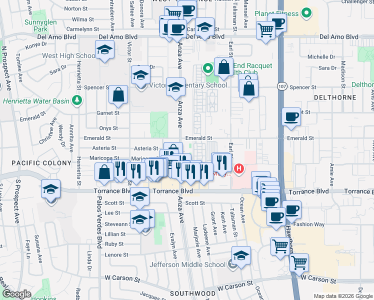 map of restaurants, bars, coffee shops, grocery stores, and more near 20920 Anza Avenue in Torrance