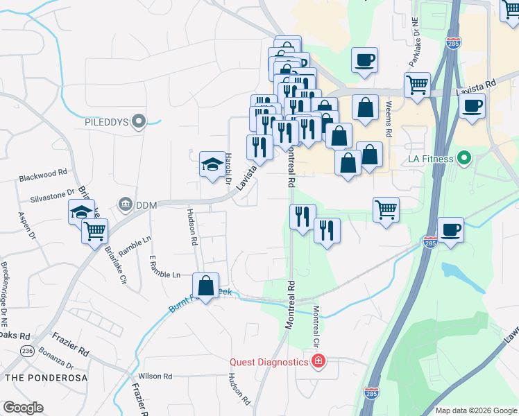 map of restaurants, bars, coffee shops, grocery stores, and more near 3825 Lavista Road in Tucker