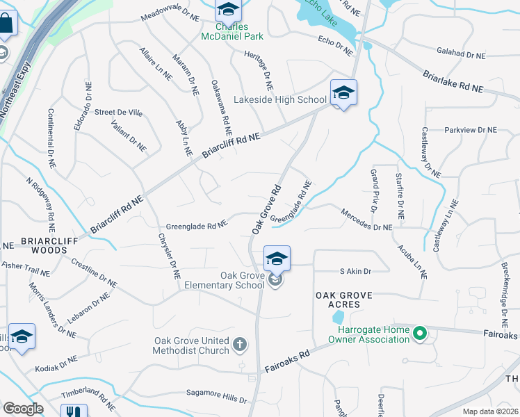 map of restaurants, bars, coffee shops, grocery stores, and more near 1976 Oak Grove Road Northeast in Atlanta