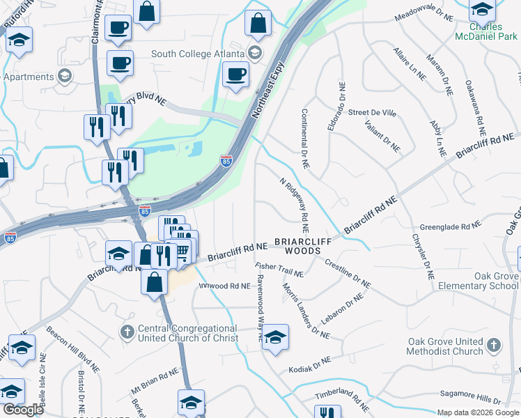 map of restaurants, bars, coffee shops, grocery stores, and more near 1965 Fisher Trail Northeast in Atlanta