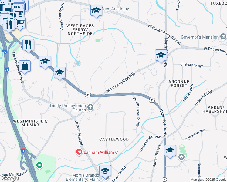 map of restaurants, bars, coffee shops, grocery stores, and more near 820 Moores Mill Road Northwest in Atlanta
