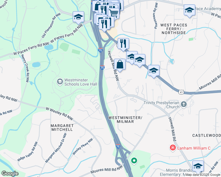 map of restaurants, bars, coffee shops, grocery stores, and more near I Circle 75 Parkway Southeast in Atlanta