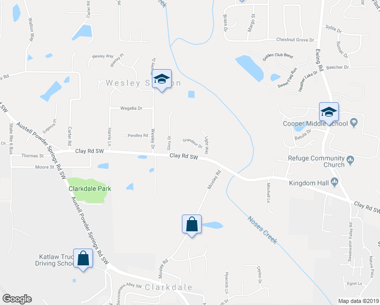 map of restaurants, bars, coffee shops, grocery stores, and more near 3211 Clay Road Southwest in Austell